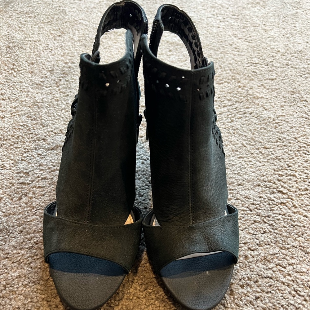 Vince Camuto black zip up open toe heels